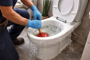 plumber fixing toilet